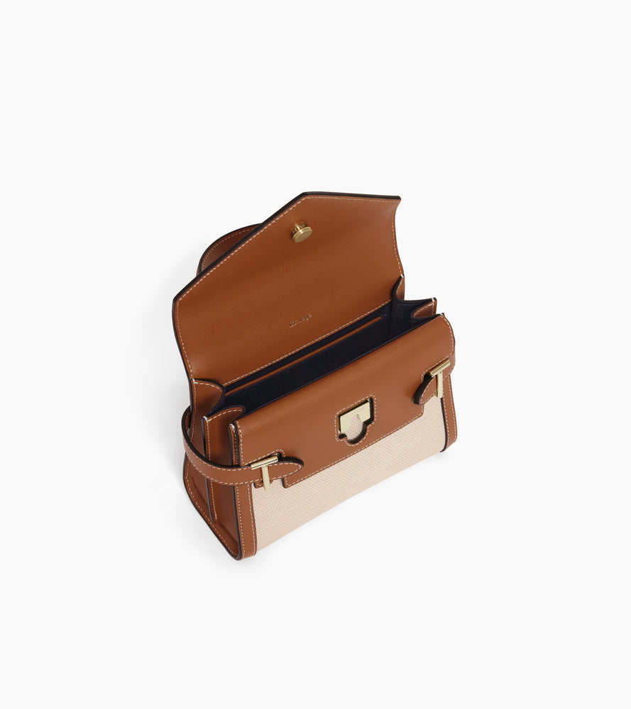 Petit sac à main double rabat Emilie en toile coton et cuir lisse